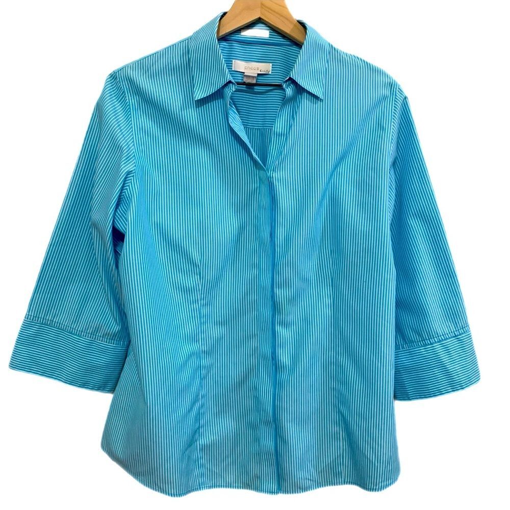 CHICO’S 100% Cotton Button Down No Iron 3/4 Sleeve  Aqua White Pinstripe 2 / M